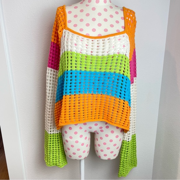 SOLD - Wild Fable Knit Multi Color Sweater Square Neck Stripe Women’s XL - Picture 2 of 10